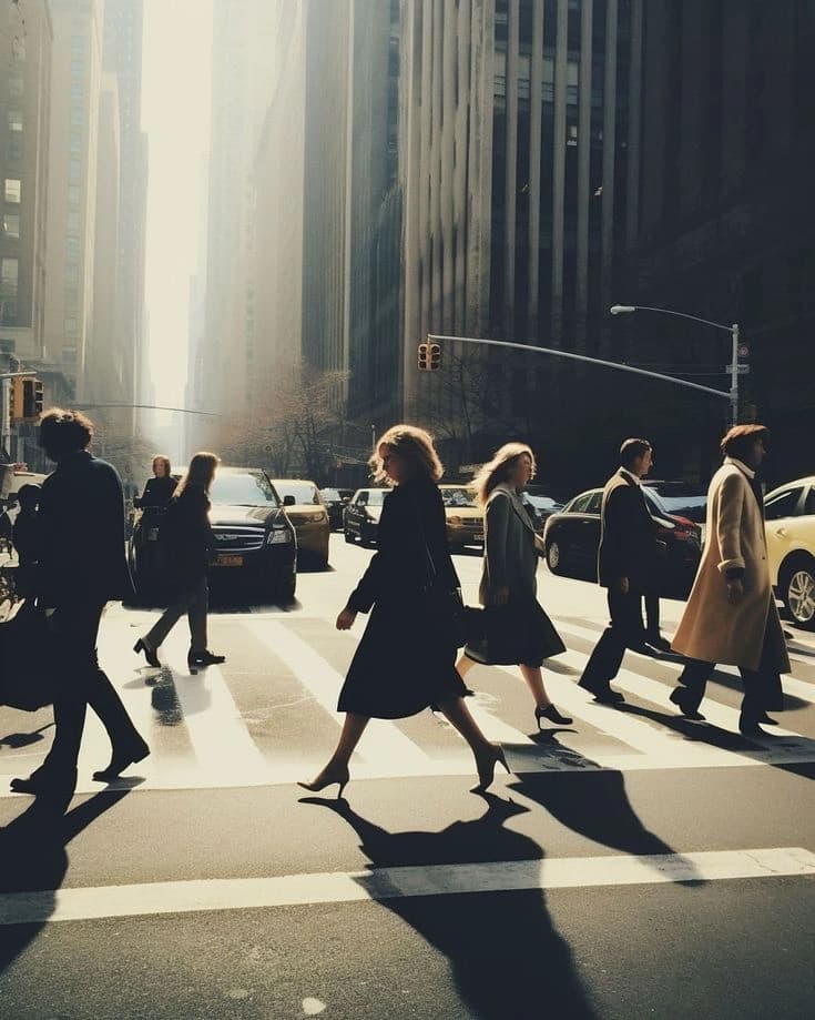People crossing a city street in warm afternoon light